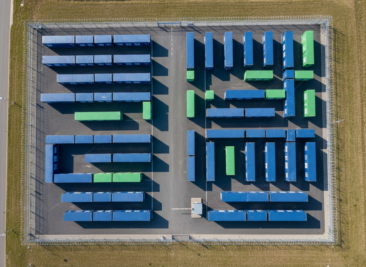 An aerial, photographic view of a compact storage container facility in Ayr, featuring an orderly grid of matching 20ft containers aligned in straight lanes for easy vehicle access. The containers are primarily blue with occasional green units for visual variety, all in excellent condition with no rust. The ground is a clean mix of tarmac and gravel, bordered by secure fencing and a simple gatehouse structure. Gentle midday daylight illuminates the entire yard with clear, crisp shadows, emphasizing the organized layout. The mood is efficient and practical, highlighting capacity, accessibility, and professionalism. The composition uses a top-down angle that clearly showcases how the site is logically arranged for customers.