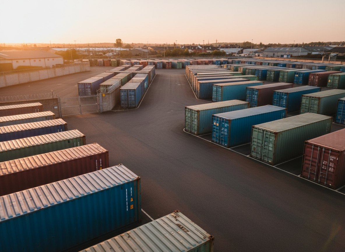 A wide, photographic shot of a secure 20ft container storage yard in Ayr at golden hour, with low, warm sunlight brushing across the sides of neatly arranged containers. The units form a central drive-through lane, giving a clear impression of vehicle access and turning space. The containers’ painted surfaces glow softly in the evening light, and long shadows stretch across the flat tarmac ground. In the distance, modest Ayr industrial rooftops hint at the KA8 8DG location without dominating the frame. The composition uses a slightly elevated angle and leading lines to guide the eye into the scene. The atmosphere is calm, orderly, and reassuringly secure.