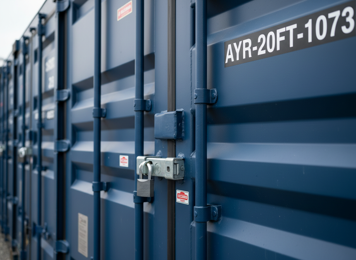 A detailed, photographic close-up of the locking mechanism on a 20ft self-storage container at an Ayr facility, showing thick vertical locking bars, sturdy hinges, and a weather-resistant rubber seal around the door edge. The steel surface is freshly painted, with no visible corrosion, and small security stickers and a clearly printed container number add authenticity. The background is softly blurred but hints at additional containers lined up in a secure yard. Natural daylight from an overcast sky provides even illumination, allowing every mechanical detail to be clearly visible. Shot with a shallow depth of field, the mood is focused and technical, emphasizing high security, durability, and professional maintenance standards.
