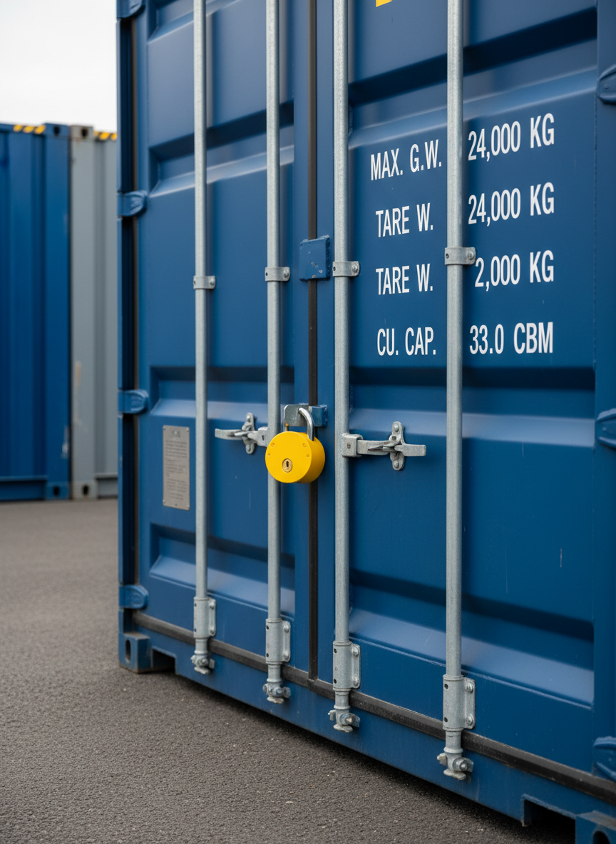A close-up, photographic view of a single 20ft self-storage container door, showing heavy-duty steel construction, robust locking bars, and a bright yellow high-security padlock. The textured blue paint shows a slight satin sheen, with neatly printed white weight and capacity markings along the side. The container is positioned on a clean tarmac surface at a modern Ayr storage yard, with other units softly blurred behind. Overcast daylight provides even, diffused lighting that reduces harsh shadows and brings out fine details in the metalwork. Shot from a slightly low angle for a solid, reassuring feel, the image conveys strength, safety, and professional-grade security.