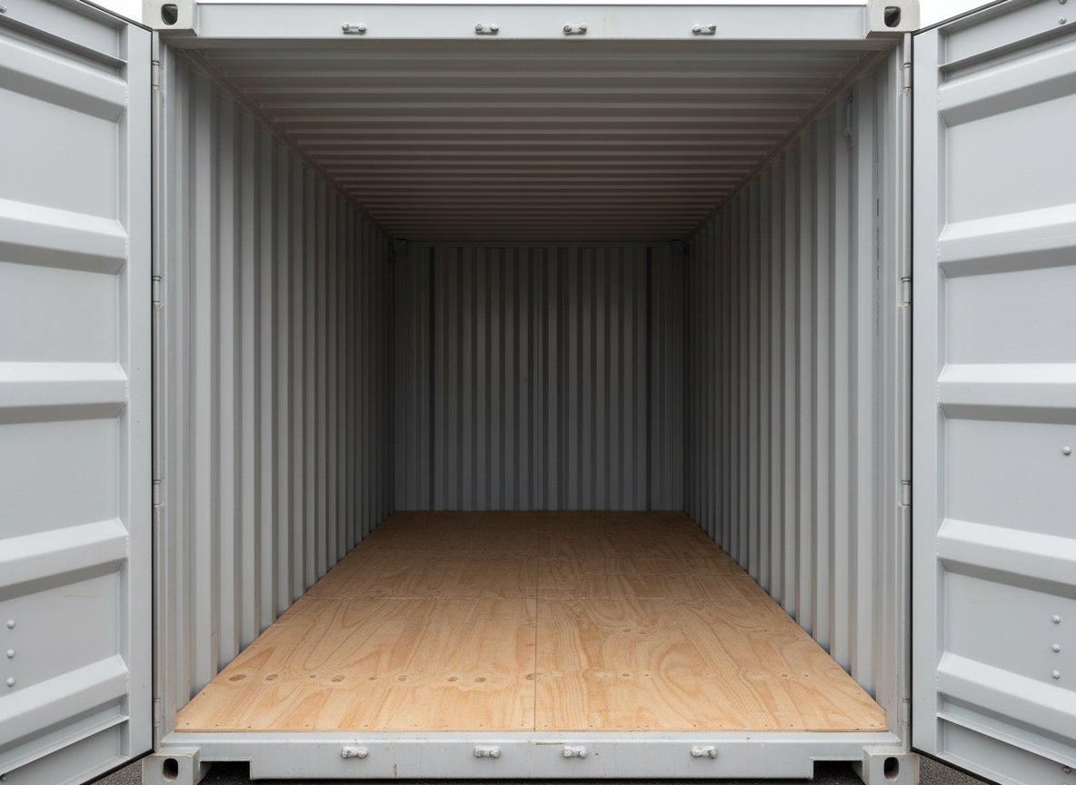 The interior of a spotless 20ft storage container in Ayr, doors fully open to reveal clean, light grey corrugated steel walls and a smooth, unblemished plywood floor. The view is from just outside the entrance, looking straight in, with natural daylight streaming through the open doors to create a bright, inviting space. The lighting produces soft shadows in the corners, emphasizing depth and available volume. No belongings are stored inside, maintaining a minimalist, professional look. Photographic realism captures the subtle sheen of the metal and the fine grain of the timber floor. The mood is orderly and practical, focusing on usability, cleanliness, and secure, weatherproof storage.